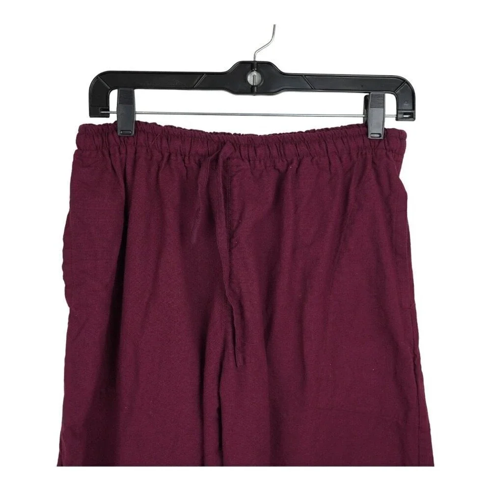 NOVI Collection 100% Linen Pants Womens Medium Burgundy Elastic Waist Minimalist